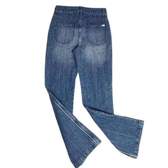 Volcom Wide Leg Flare Denim Jeans 7 Med Wash High Rise Button Zip Patch Pockets - Picture 3 of 5